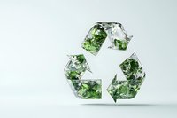 Recycling symbol made of broken glass filled with green leaves and plants on white background, environmental conservation concept for eco-friendly design.