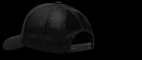 Black mesh trucker cap with adjustable back strap, isolated on transparent background. Ready for t-shirt designs, clipart, print-on-demand products, stickers, and sublimation projects.