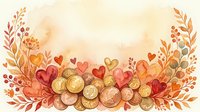 Watercolor autumn border with gold coins, hearts, and floral elements in warm orange and red tones, copy space for text.