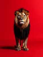Majestic male lion with golden mane standing proudly on vibrant red background. Powerful wild animal portrait for wildlife and nature projects.