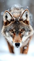 Gray wolf portrait with snow flakes on fur during winter snowfall, intense amber eyes staring directly at camera in natural wildlife habitat.