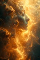 Mystical female profile emerging from golden nebula clouds with glowing energy streams and cosmic particles, creating ethereal celestial art composition.