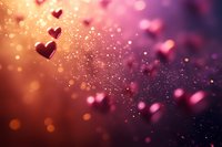 Romantic glowing hearts floating in dreamy pink and orange bokeh background with sparkling particles, creating magical Valentine's Day atmosphere.