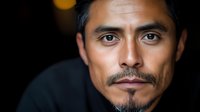 Hispanic male with mustache and goatee in dramatic low key lighting against dark background, intense direct gaze and confident expression for professional headshot.