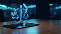 Glowing neon scales of justice hologram emerging from smartphone screen on wooden desk, symbolizing legal technology, law firm services, and digital justice solutions.