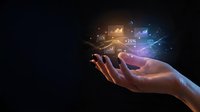 Hand holding smartphone with holographic data visualization and digital analytics floating above screen for business technology presentations.