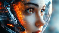 Female astronaut in futuristic helmet with glowing orange digital interface reflections, close-up profile view showing intense blue eye and determined expression.