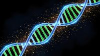 Glowing DNA double helix structure with luminous particles on dark background for genetic research and biotechnology concepts.