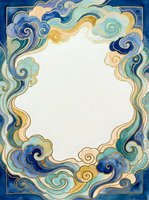 Ornate cloud frame with swirling blue and gold patterns on white background. Decorative border design for invitations, certificates, and artistic projects.