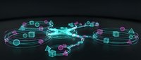 Digital network visualization with glowing cyan and purple data nodes connected by flowing lines on dark background for technology presentations.