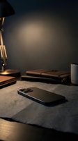 Smartphone on concrete desk with warm lamp lighting, notebooks and coffee cup in modern workspace setup for business and technology concepts.