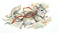 Whimsical mouse character wearing decorative saddle and flowing ribbons, isolated on white background, suitable for children's book illustrations, greeting cards, and design projects.
