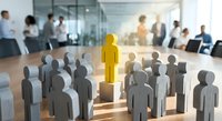 Leadership concept with golden figure standing out from crowd in modern office environment for business presentations and corporate training materials.