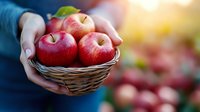 Fresh red apples in wicker basket held by hands at farmers market with warm sunlight creating healthy organic fruit harvest concept for nutrition and wellness.