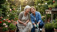 Senior couple gardening together outdoors, mature man and woman tending flowers in backyard garden, enjoying leisure activity and nature.