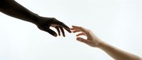 Two hands reaching toward each other against bright white background symbolizing connection, help, support, unity and human relationships in minimalist style.