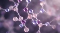 Molecular structure with purple and pink spheres connected by bonds, scientific visualization for chemistry education and research presentations.