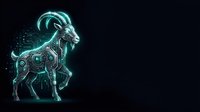 Futuristic digital goat with glowing cyan circuitry and mechanical components on dark background, suitable for technology, gaming, and sci-fi design projects.
