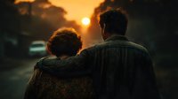 Elderly couple embracing while watching golden sunset together, romantic moment of love and companionship in warm evening light for relationship concepts.