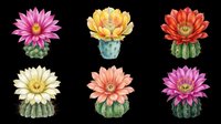 Blooming cacti with vibrant flowers in pink, yellow, red, cream, coral, and magenta isolated on transparent background. Ready for t-shirts, stickers, clipart, and print-on-demand designs.