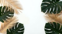 Tropical golden palm leaves and green monstera plants frame white background creating natural border for summer vacation design projects.
