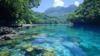 Pristine turquoise lagoon with crystal clear water reflecting mountain landscape, surrounded by lush tropical forest and rocky shoreline, natural paradise scenery.