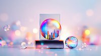 Vibrant holographic spheres with cityscape silhouette floating above geometric platform against dreamy bokeh background in pink and purple hues. Modern futuristic composition.