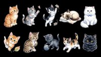 Cute cartoon kittens set isolated on transparent background, ready for stickers, t-shirt design, print on demand, clipart, and sublimation projects.