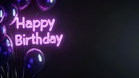 Glowing purple neon Happy Birthday sign with dark shiny balloons against black background creates modern festive atmosphere for celebration designs.