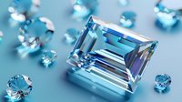 Sparkling emerald cut aquamarine gemstone with round brilliant diamonds scattered on blue background, luxury jewelry concept for high-end design and marketing.