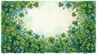 Watercolor green clover border frame with shamrocks and wildflowers, soft white center copy space for St. Patricks Day greeting cards.