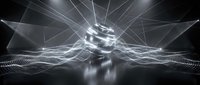 Futuristic chrome sphere emitting laser beams with glowing digital wave particles on dark background, technology and energy concept.