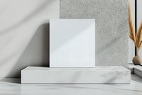 Blank white canvas mockup on marble pedestal against textured wall with dried pampas grass decoration, ideal for product presentation.