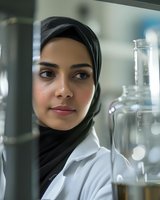 Young Middle Eastern female scientist in hijab and lab coat examining laboratory glassware with focused expression, representing diversity in STEM fields.