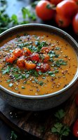 Creamy tomato soup garnished with roasted cherry tomatoes, fresh herbs and black pepper in rustic bowl. Fresh ingredients on wooden cutting board create appetizing composition.
