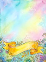 Watercolor gradient background with pastel rainbow colors transitioning from blue to pink, featuring decorative golden ribbon banner and ornamental floral border elements for design projects.