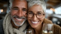 Happy mature couple enjoying romantic evening with wine glasses, sharing intimate moment. Gray-haired man and woman with glasses smiling at camera.
