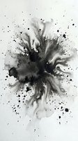 Abstract black ink explosion with dynamic splashes and splatters on white background for creative design projects and artistic compositions.