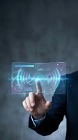 Businessman in dark suit touching holographic sound wave interface with glowing cyan and purple neon display showing audio frequency visualization and digital controls for music production or sound engineering.
