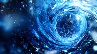 Swirling blue vortex with glowing particles and light effects creates dynamic spiral motion against dark background, abstract cosmic energy visualization.