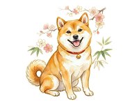Shiba Inu dog sitting with tongue out surrounded by pink flowers and green foliage on white isolated background, ready for design use.