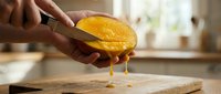 Hand squeezing fresh lemon over wooden cutting board in bright kitchen, capturing dripping juice for cooking and food preparation.