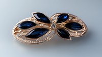 Elegant rose gold brooch with deep blue sapphire gemstones in floral design. Luxury jewelry accessory for formal occasions and special events.