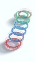 Colorful transparent rings with glowing circuit patterns stacked diagonally, showcasing futuristic technology concept in red, blue, and green tones.
