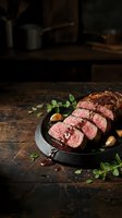 Sliced medium-rare beef steak with herbs and mushrooms on cast iron skillet, rustic wooden background for gourmet cooking and restaurant menu concepts.