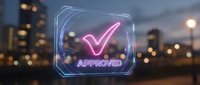 Glowing neon approved stamp with checkmark hologram over blurred city skyline at night, symbolizing verification and success.
