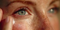 Young woman with freckled skin applying skincare cream under green eyes. Natural beauty routine and facial care concept for cosmetics advertising.