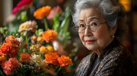 Senior Asian woman with glasses enjoying colorful marigold flowers in warm indoor setting, representing active aging and gardening hobbies for lifestyle content.