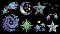 Celestial clipart set with stars, crescent moon, galaxy spiral, compass rose, and constellations, isolated on transparent background, ready for stickers, t-shirt design, and print on demand.