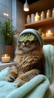 Fluffy tabby cat relaxing at spa with cucumber eye mask and towel in modern wellness center with candles and skincare products on shelves.
